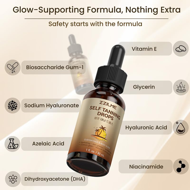 Self Tanning Drops for Face & Body - Customizable Glow with Niacinamide, Vitamin C & Hyaluronic Acid, Gradual Sunless Tanner Serum, Non-Comedogenic Bronzing Drops 0.91 fl oz