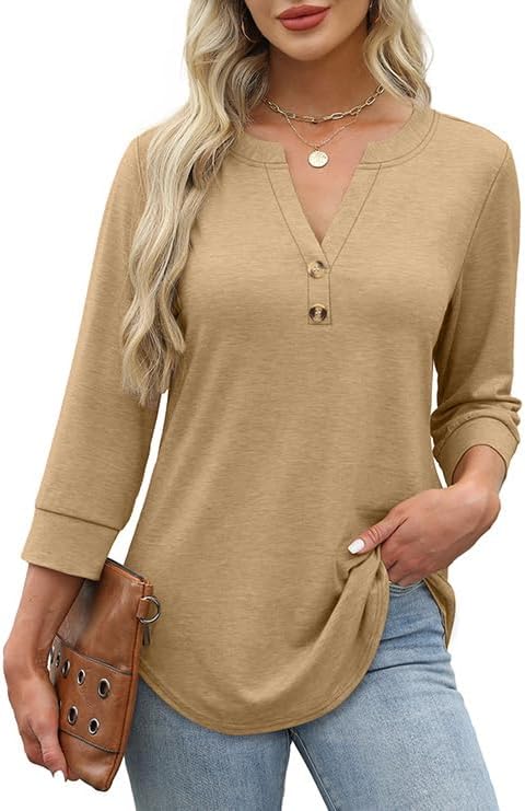 OFEEFAN Womens Tops 3/4 Sleeve Henley Shirts for Women Fall Fashion 2025 School Outfits for Teachers - Image 2