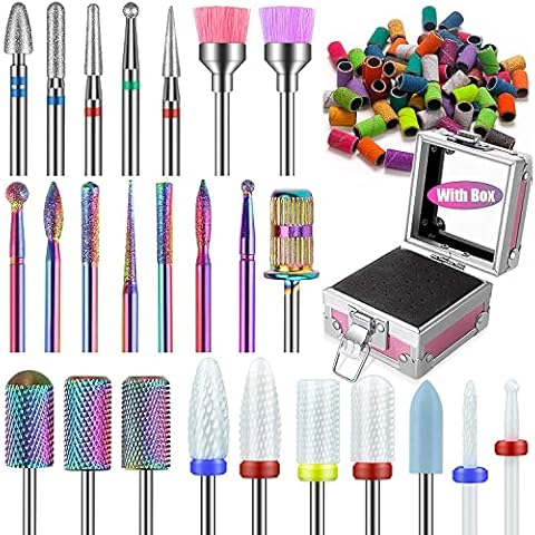 25Pcs Nail Drill Bits Set with Pink Holder and 50Pcs 8 Colors Sanding Bands, Tungsten Carbide Ceramic Diamond 3/32 inch Nail Drill Bits Remove Acrylic Poly Nail Gel Nail Polish Cover