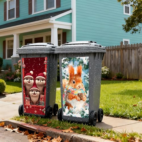 Image of 2 PC Trash Can Sticker 14.57 x 32.28 Inch Cute Otter and Squirrel Christmas Design Vinyl Sticker with Santa Hat Pinecone Gift and Snowflake Pattern for Outdoor Garbage Bin Yard Decor