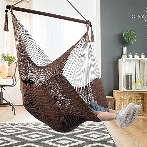 Caribbean Hammock Swing Chair with Spreader Bar, Large Hammock Chair, Hand Craft Rope Hanging Chair Outdoor, Indoor, Bedroom, 330 LBS Weight Capacity, Dark Brown