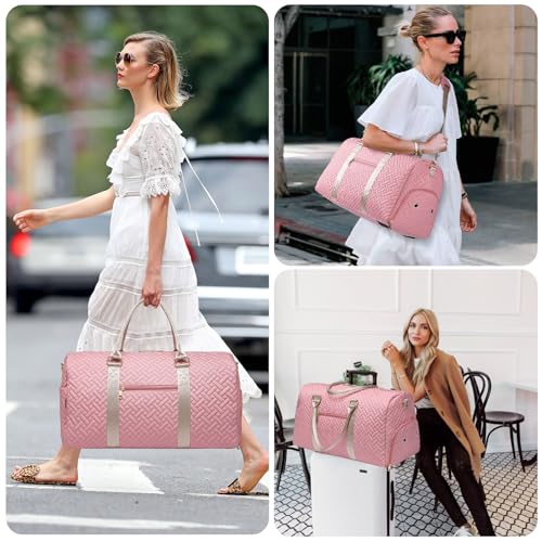 Image of Duffle Bag for Travel, Weekender Bag with Shoe Compartment, Carry On Overnight Bag for Women with Toiletry Bag, 50L Gym Bag with Wet Pocket, Hospital Bags for Labor and Delivery, style2-pink&brown