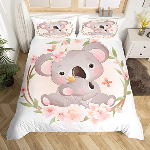 feelingyou Cute Koala Pink Flowers Pattern Duvet Cover Set (No Comforter) White Color Bedding Set for Kids Girls Teens Comforter Cover with Zipper Ties (1 Duvet Cover + 2 Pillow Cases) Double Size