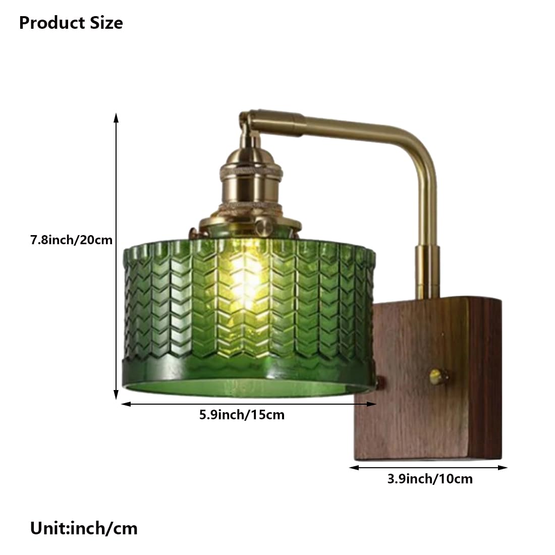 Applique da parete moderna per interni con paralume in vetro e base in legno massello, stile retrò, lampade industriali per camera da letto, comodino, soggiorno, veranda, sala da pranzo (verde)