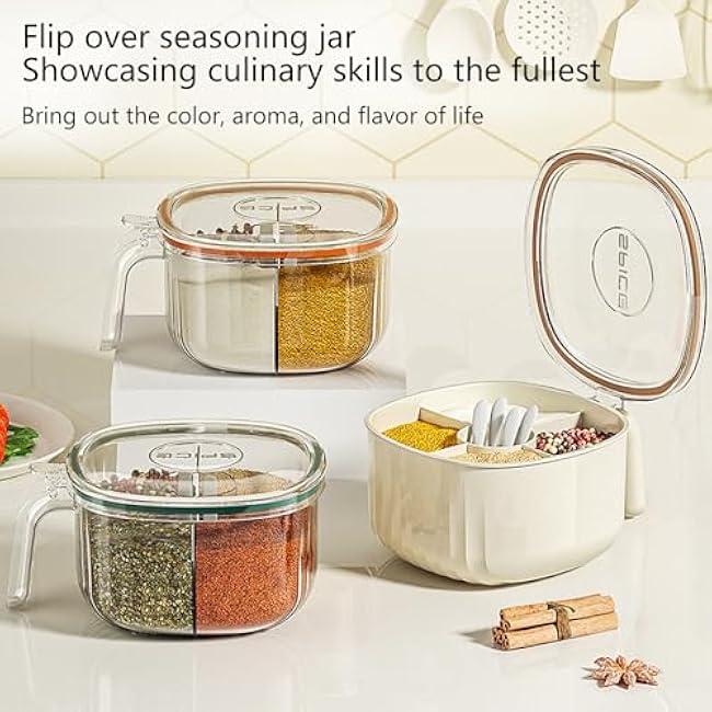 TINMIX 4 In 1 Condiment Pots with Spoons Spice Rack Organizer Herb Container for Kitchen, White