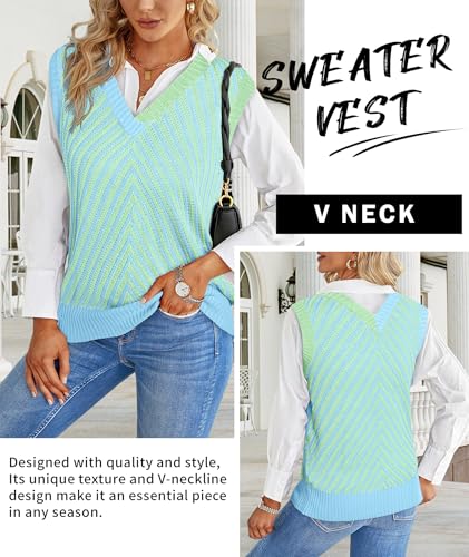 Image of MARZXIN Women Sleeveless Sweater V Neck Casual 2026 Fall Knitted Chevron V Neck Sweater Vest Color Block Pullover Sweater Top