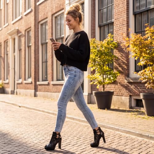 Image of Susanny High Heel Boots for Women,Womens Platform Boot Heels Sexy Round Toe Lace UP High Heels Mid Calf Boots