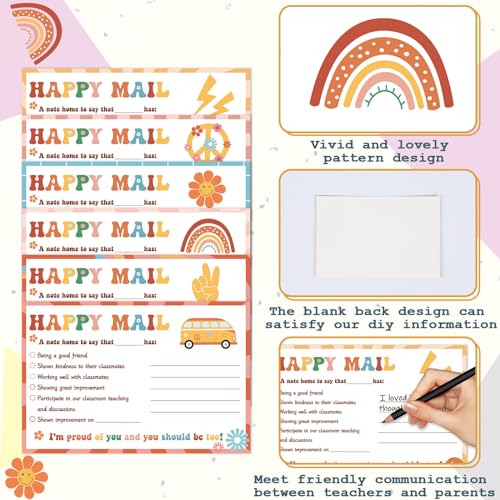 60 Pcs Retro Groovy Mail Happy Mail Teacher Notes to Parents Classroom Good Behavior Incentivo Cartõ