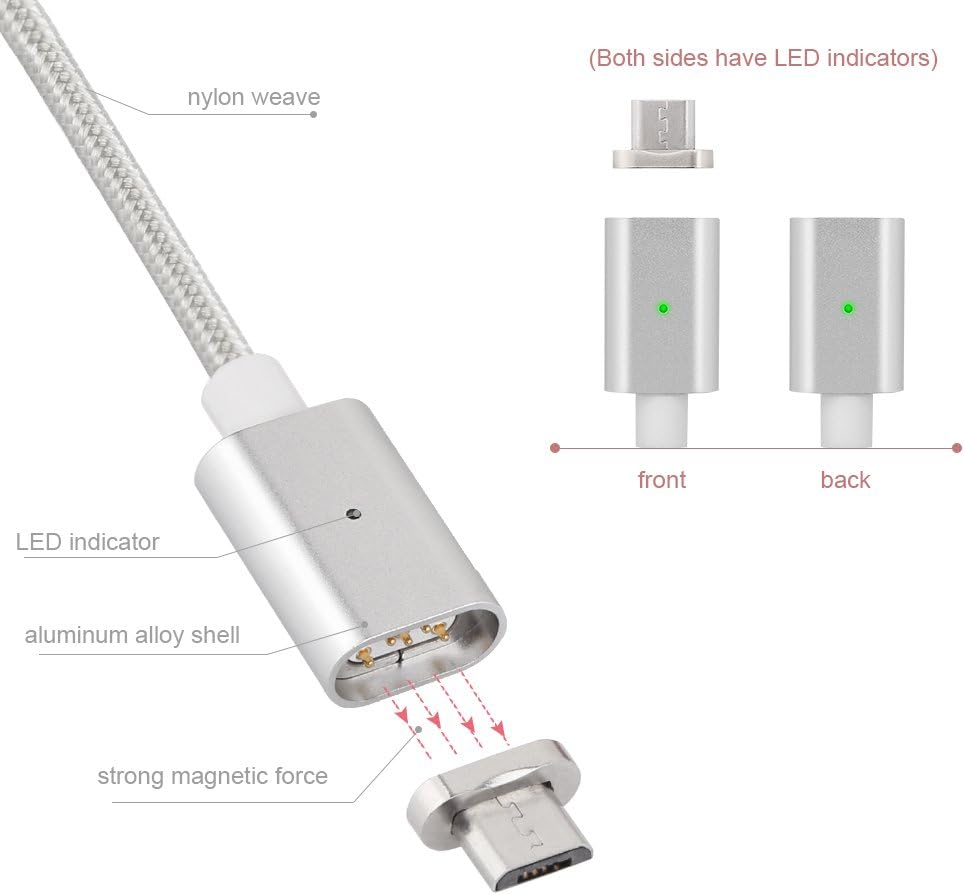 AGM Detachable Magnetic Adapter Micro USB 3.3ft High Speed Charging Cable with LED Indicator for Android Samsung HTC LG Motorola (Silver)