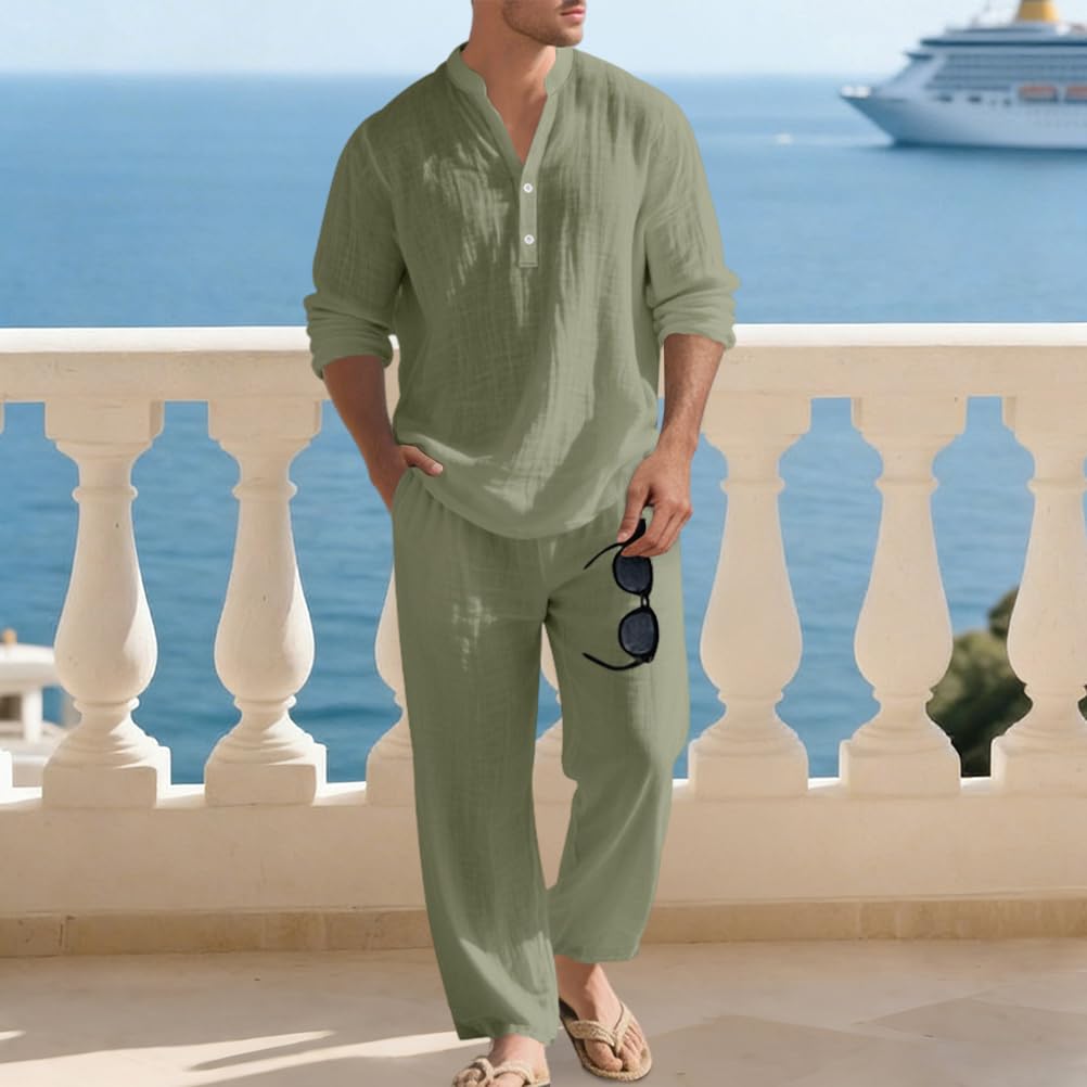 Tuta Uomo Completo Curvy Tuta Estiva Lino Camicia Maniche Lunghe e Pantaloni 2 Pezzi Set Leggera Tute Casual Completi Spiaggia