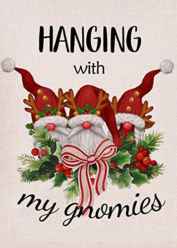 Furiaz Christmas Garden Flag Hanging With My Gnomes, Xmas Deer Home Decorative House Yard Small Flag Decor Double Sided, Winter Holiday Outdoor Welcome Decorations Seasonal Outside Burlap Flag 12 X 18 #TOP26