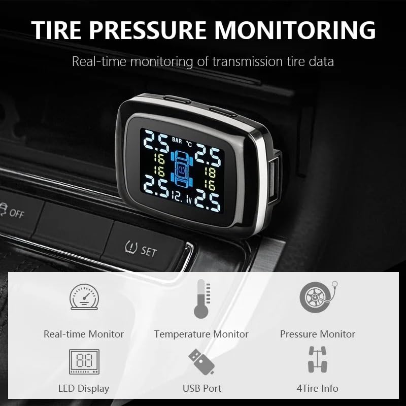 Tpms Sistema di monitoraggio Digitale della Pressione dei Pneumatici for Auto Porta USB Allarme Sicurezza 4 sensori Esterni/Interni Impermeabili IP68(Internal Sensors)