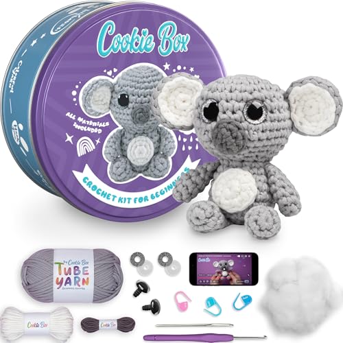 Cookie Box Original Crochet Kit for Beginners – Gift Set to Make Koala Coal Amigurumi Plushie – Easy DIY Crochet & Knitting Starter Kit with Video and PDF Tutorials