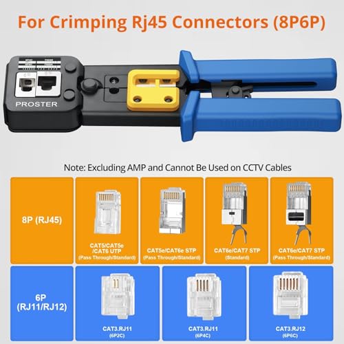 Proster RJ45 Crimp Tool Kit - RJ45 Pass Through Crimp Tool voor CAT5 CAT5e CAT6 Netwerk Kabel met Netwerk Kabel Tester & 50 Stks Vergulde CAT6 Connectoren & Covers & 5 Reserve Blades & Stripper - Afbeelding 5