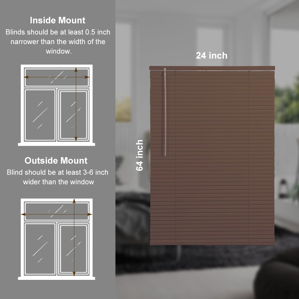 SEEYE Cordless Mini Blinds Aluminum Venetian Blind Horizontal Window Shades, 1" Slat Size - Rooming Darkening Blinds Anti-UV & Waterproof for Bedroom, Office, Easy to Install, 24" W x 64" H, Brown