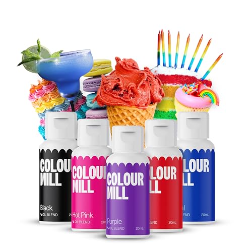 Colour Mill Lebensmittelfarbe flüssig Set 5 x 20ml Ölbasiert (Black Hot Pink Purple Red & Royal) UV-beständig Perfekt zum Backen & als Backzubehör für Torten Muffins & Tortendeko