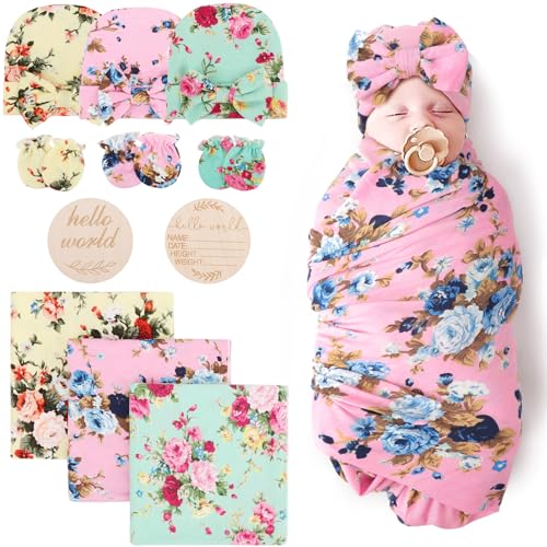 Image of DRESHOW BQUBO Floral Swaddles for Baby Girl Newborn Receiving Blanket with Bow Hat Mittens Wooden Birth Announcement Card Set Baby Floral Print Swaddle Nursery Swaddle Wrap