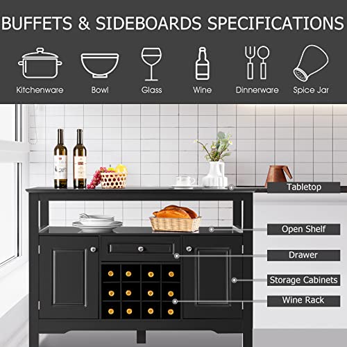 Petsite Kitchen Sideboard Buffet Storage Cabinet, Coffee Bar Station With Wine Rack, Shelves, 2 Cabinets & Drawer, Wood Accent Modern Console Table For Living Room, Dining Room, Entryway (Black) #TOP3