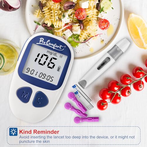 Pro Comfort Blood Glucose Monitor Kit with 100 Test Strips & 100 Lancets, Blood Sugar Monitor, Lancing Device, Blood Sugar Testing Kit, Accurate Glucometer, No Coding, Travel Size for Diabetes Care