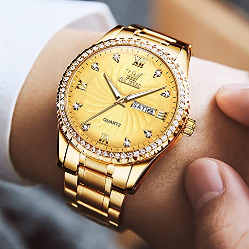 Olevs Gold Watches For Men Big Face Diamond Watches Gold Stainless Steel Band Easy Read Textured Dial Men's Wrist Watches Day-Date Luxury Roman Numerals Second Hands Dress Watches For Men Waterproof #TOP1