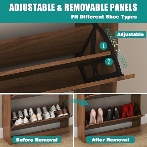 Image of Shoe Cabinet for Entryway with 3 Flip Drawers, Walnut Tall Wood Shoe Storage Cabinet with Coat Rack, Narrow Hidden Slim Freestanding Shoe Rack Organizer, 2 in 1 Hall Tree for Living Room, Hallway