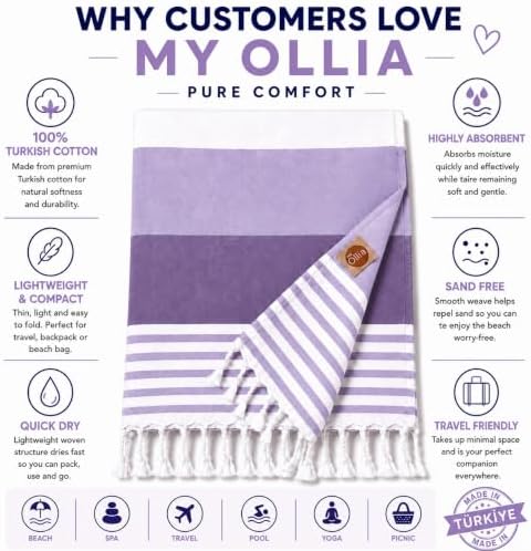 My Ollia Premium Turkish Beach Towel, 100% Ring-Spun Cotton, Large 69"x38", Sand Free, Quick Dry, Lightweight, Highly Absorbent, Peshtemal, Lavender Lilac