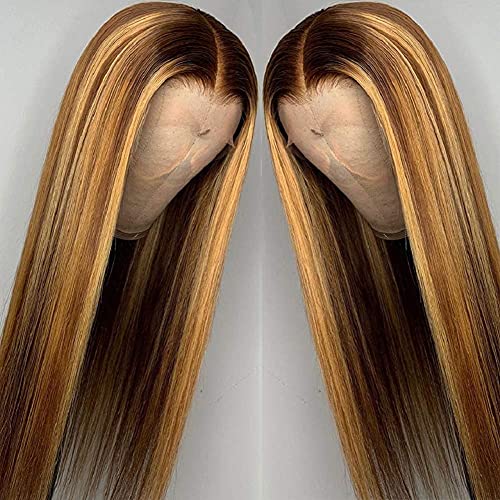Hightlight Piano Chocolate Color 22 Inch LAVBH Bone Straight Wig 13x4x1 T Part 4/27 Ombre Lace Front Wig Human Hair 150% Density Honey Brown Color Hair