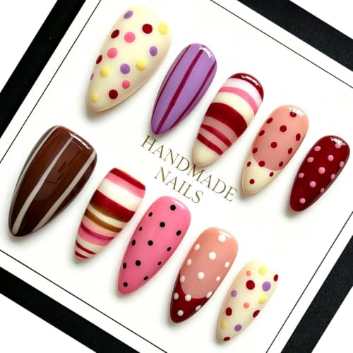 Handmade Press on Nails Medium Almond - Polka Dot Stripe Candy Colors