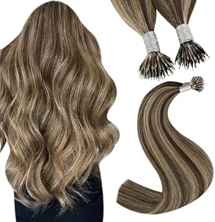 YoungSee Nano Ring Hair Extension Brown Nano Hair Extensions Human Hair Dark Brown Highlights Caramel Blonde Nano Bead Hair Extensions Brown 14 Inch 1g/s 50g Nano Tip Hair Extensions Human Hair