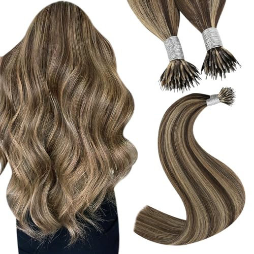 Image of YoungSee 20in Nano Bead Hair Extensions Dark Brown Highlight Caramel Blonde Nano Hair Extensions Brown Human Hair Nanolink Hair Extension Cold Fusion Nanoring Natural Hair 50 Strands 50g for Wedding