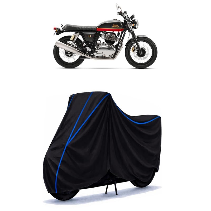 Image of Interceptor 650 Bike Cover Water Resistant Universal Motorcycle Rain | Heavy Duty UV Protection, Dust, Scratch Indoor Outdoor All Weather with Black Blue Piping Elastic