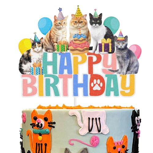 Cat Happy Birthday Cake Topper, Cat Theme Bday Celebration Party Cake Decorations Supplies