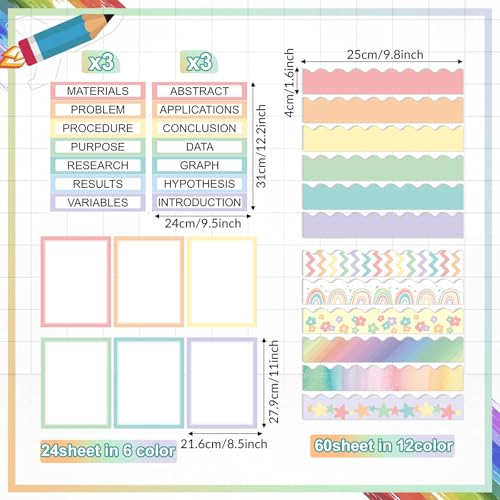 Fuyoooo 90 Pcs Science Fair Board Supplies 60 Trim Scalloped Bulletin Board Borders 24 Presentation Board Subtitles 6 Science Fair Titles for Classroom Display Boards (Pastel) - Thumbnail 2