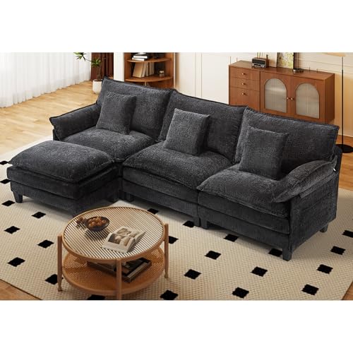 Image of Comfy Chenille Cloud Couch, Modular Sectional Sofa with Movable Ottoman, Deep Seat Couches for Living Room, Bedroom and Apartment, 106 inch L Shaped Modern Sofa with Pillows, Black