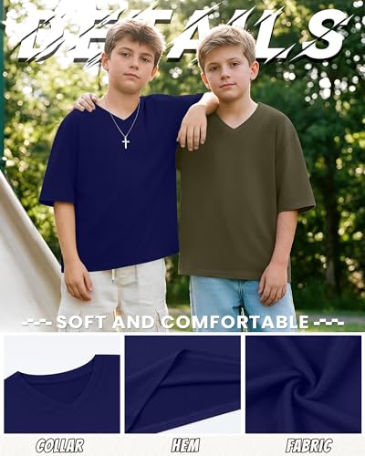 YooAurvox 3 Pack Boys Oversized V Neck T-Shirts 5-14Y Kids Short Sleeve Drop Shoulder Tops Casual Basic Shirts Summer Tees(Army Green, Navy Blue, Black,11-12 Years) — view 5