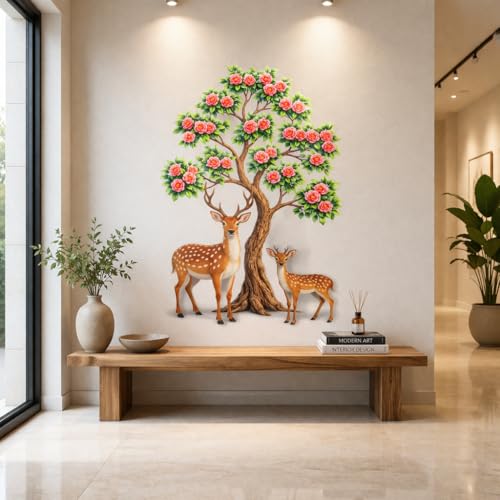 Image of Rangoli Deer Wall Sticker 16 x 24 Inch Tree & Flower Self Adhesive Wall Decor for Living Room Bedroom Kids Room Nature Theme Wall Art