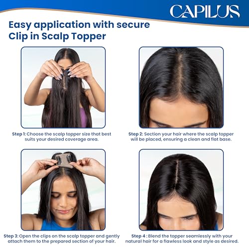 Image of Capilus 100% Human Hair Extensions for Women, Clip in Scalp Topper /Hair Topper, Silk Based- (5 inchx5 inch, 20 Inches, Natural Black)