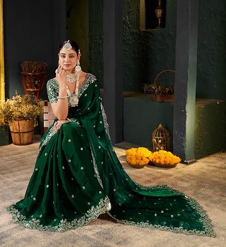 Buy DHARMEE Women's Silk Saree with Embroidered Blouse Piece, Traditional Parte Wear with Gold Border and Hand Work Lace Embellished, Solid/Plain, Applique, Woven, Satin Saree (Green) at Amazon.in - Image 7