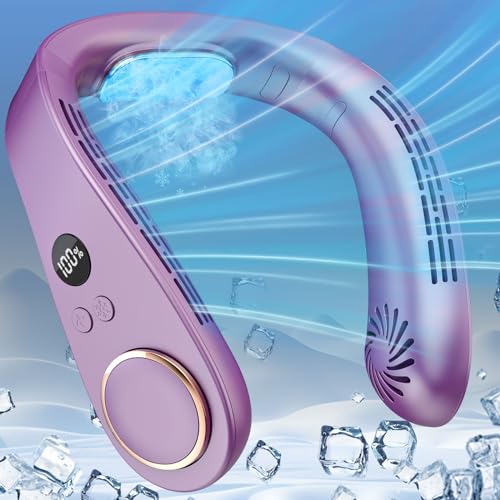 Image of Personal Neck Fans that Blow Cold with Cooling Plate, Wearable Around Bladeless Cooling Device, Rechargeable Head Neck Coolers for Kids Women Men Extremely Hot Weather Outdoor Indoor, Purple