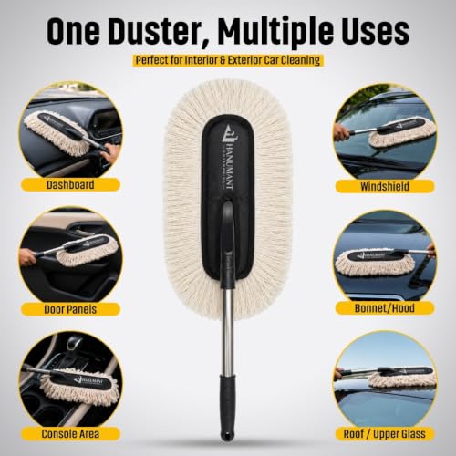 Image of H HANUMANT ENTERPRISE Swift Swipe Car Duster with Paraffin Wax-Treated Cotton Strands | Scratch-Free & Lint-Free Car Cleaning Brush | Long Handle | Reusable Waterless Dust Cleaner for Car, SUV & Bike