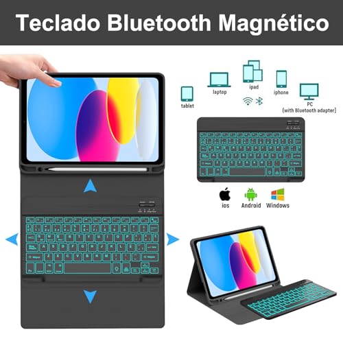 Teclado para iPad A16 retroiluminado Bluetooth y funda protectora negra con Ñ 3