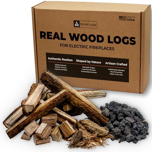 SotaFlame Premium Real Wood Log Set for Slim Linear Electric Fireplaces - Charred Oak Logs with Bark, Wood Chips & Lava Rock – Compatible with Thin & Shallow Electric Fireplace Inserts Up to 60" Long