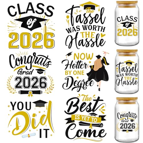AFRITEE UV DTF Cup Wraps - 36 Sheets Black Gold 2026 Graduation UV DTF Stickers for 16 20 oz Glass, Congrats Grad 2026 Transfer Stickers for Water Bottle Tumbler Coffee Mugs Guitar