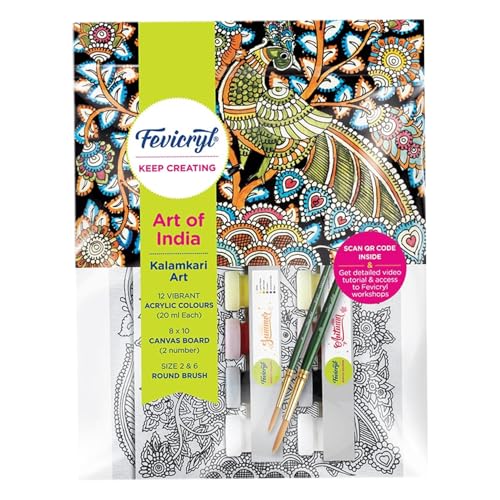 Fevicryl DIY Art of India Kalamkari Art kit | DIY Acrylic Painting Set with Acrylic Paints 12 Shades | Set of 2 Round Brushes | Pre-Designed Canvas 8 x10 | Ideal for Festive Gifting