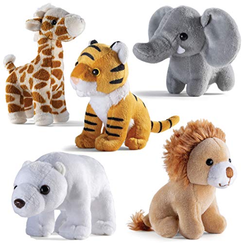 Image of PREXTEX Safari Friends Stuffed Animal Gift Set - 5 Small Plush Stuffed Animals (Giraffe, Tiger, Lion, Polar Bear, Elephant) Zoo Animals - Machine Washable Stuffed Animals for Boys & Girls Ages 3-5+