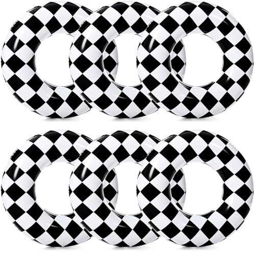 Soulchen 6 Pcs Inflatable Tube Pool Float, 33" Chessboard Swimming Rings Water Toys for Kids Adults Teens Summer Beach Black and White Themed Party Supplies