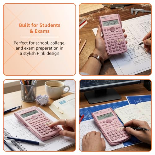 Image of Amazon Basics Scientific Calculator (AB-82MS) | 240 Functions | 2-Line Large LCD Display | Engineering Calculator | Dual Power | Fast Input Keys | 15.5 x 8 cm | Pink | Ideal for Students & Exams