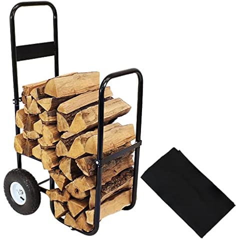 Sunnydaze Outdoor Firewood Carrier Log Dolly with Cover - Wood Cart with Wheels - Black Cover