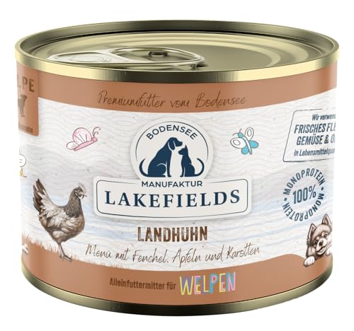 Lakefields Premium Welpenfutter Nass | Huhn 61% | 200g | Getreidefreies Hundefutter für Welpen | Natürliche Zutaten in Lebensmittelqualität | Karotten, Kartoffeln & Apfel | Schonend gegart