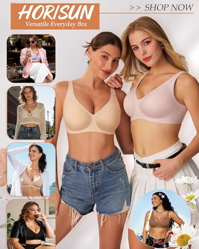HORISUN Deep V Wireless Seamless Bra Comfortable Push Up Bras for Women No Underwire Everyday Bra with Support and Lift (Nude 34D) — view 6
